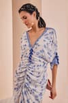 Shop_Mandira Wirk_Blue Crepe Floral V Neck Periwinkle Pattern Ruched Kaftan _at_Aza_Fashions