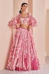 Buy_Mandira Wirk_Pink Chiffon Printed Sweetheart Layered Lehenga Set With Cape _at_Aza_Fashions