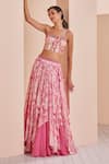 Buy_Mandira Wirk_Pink Chiffon Printed Sweetheart Layered Lehenga Set With Cape _Online_at_Aza_Fashions