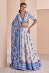 Buy_Mandira Wirk_Blue Chanderi Printed Floral V Neck Lehenga Set_at_Aza_Fashions