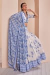 Mandira Wirk_Blue Chanderi Printed Floral V Neck Lehenga Set_Online_at_Aza_Fashions