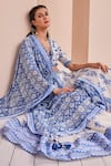 Buy_Mandira Wirk_Blue Chanderi Printed Floral V Neck Lehenga Set_Online_at_Aza_Fashions