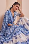 Shop_Mandira Wirk_Blue Chanderi Printed Floral V Neck Lehenga Set_Online_at_Aza_Fashions