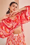 Mandira Wirk_Red Chiffon Printed V Neck Lehenga And Draped Blouse Set_Online_at_Aza_Fashions