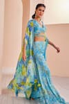 Buy_Mandira Wirk_Sky Blue Chiffon Printed Floral Blouse V Neck Cape Sharara Set _Online_at_Aza_Fashions