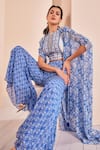 Shop_Mandira Wirk_Blue Chiffon Printed Floral Close Round Cape With Sharara Set _at_Aza_Fashions