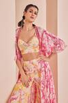 Shop_Mandira Wirk_Pink Chiffon Printed Floral V Neck Sharara Set With Cape _Online_at_Aza_Fashions