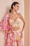 Shop_Mandira Wirk_Pink Chiffon Printed Floral V Neck Sharara Set With Cape _at_Aza_Fashions