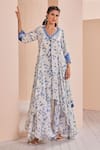 Buy_Mandira Wirk_Blue Crepe Printed Floral V Neck Asymmetric Kurta And Sharara Set_at_Aza_Fashions