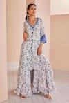 Shop_Mandira Wirk_Blue Crepe Printed Floral V Neck Asymmetric Kurta And Sharara Set_at_Aza_Fashions