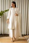 Buy_Kapraaaha_Off White Muslin Round Collar Lace Embellished Kurta Palazzo Pant Set  _at_Aza_Fashions