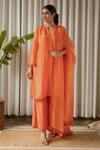 Buy_Kapraaaha_Orange Muslin Round Floral Lace Embellished Kurta Palazzo Pant Set  _at_Aza_Fashions