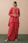 Pink City by Sarika_Red Silk Printed Bandhej Notched Kurta And Draped Trouser Set  _at_Aza_Fashions