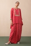 Buy_Pink City by Sarika_Red Silk Printed Bandhej Notched Kurta And Draped Trouser Set  