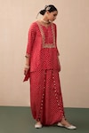 Shop_Pink City by Sarika_Red Silk Printed Bandhej Notched Kurta And Draped Trouser Set  