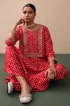 Pink City by Sarika_Red Silk Printed Bandhej Notched Kurta And Draped Trouser Set  _Online