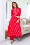 Buy_Pink City by Sarika_Red Silk Printed Bandhej Notched Kurta And Pant Set_at_Aza_Fashions