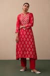 Pink City by Sarika_Red Silk Printed Bandhej Notched Kurta And Pant Set_at_Aza_Fashions