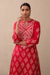 Shop_Pink City by Sarika_Red Silk Printed Bandhej Notched Kurta And Pant Set