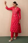 Pink City by Sarika_Red Silk Printed Bandhej Notched Kurta And Pant Set  _Online