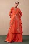 Pink City by Sarika_Orange Silk Chanderi Embroidered Peacock Motifs V Neck Angrakha Sharara Set _Online_at_Aza_Fashions