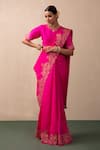 Buy_Pink City by Sarika_Pink Silk Chanderi Embroidered Resham High Neck Saree With Blouse  _at_Aza_Fashions