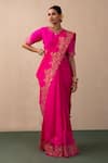 Pink City by Sarika_Pink Silk Chanderi Embroidered Resham High Neck Saree With Blouse  _at_Aza_Fashions