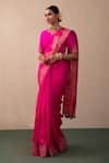 Shop_Pink City by Sarika_Pink Silk Chanderi Embroidered Resham High Neck Saree With Blouse  