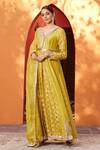 HOUSE OF SUPRIYA_Yellow Anarkali - Brocade And Raw Silk Embroidered V Neck Set _Online_at_Aza_Fashions