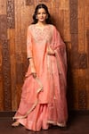 Buy_HOUSE OF SUPRIYA_Pink Kurta Embroidered Floral Notched Silk Chanderi Palazzo Set _at_Aza_Fashions