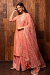 HOUSE OF SUPRIYA_Pink Kurta Embroidered Floral Notched Silk Chanderi Palazzo Set _Online_at_Aza_Fashions