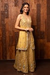 House Of Supriya_Yellow Organza Embroidery, Sequins V-neck Slit Kurta And Sharara Set _Online_at_Aza_Fashions
