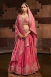 Shop_House Of Supriya_Pink Silk, Organza Embroidery Sweetheart Neck Plumeria Bridal Lehenga Set _at_Aza_Fashions