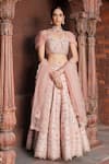 Buy_House Of Supriya_Peach Velvet, Silk Organza Beads, Zari Mandala Embroidered Lehenga Set _at_Aza_Fashions