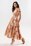 AROOP SHOP INDIA_Beige Cotton Silk Printed Floral V Neck Luciq Tiered Maxi Dress _Online_at_Aza_Fashions