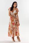 Buy_AROOP SHOP INDIA_Beige Cotton Silk Printed Floral V Neck Luciq Tiered Maxi Dress _Online_at_Aza_Fashions