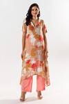 Buy_Aroop Shop India_Beige Cotton, Silk V-neck Miley Bloom Print Asymmetric Kurta With Pant _at_Aza_Fashions