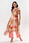 Aroop Shop India_Beige Cotton, Silk V-neck Miley Bloom Print Asymmetric Kurta With Pant _Online_at_Aza_Fashions