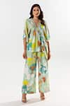 Buy_Aroop Shop India_Green Cotton, Silk Embroidery V-neck Luna Gardenia Print Kaftan Top With Pant _at_Aza_Fashions