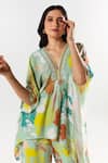 Shop_Aroop Shop India_Green Cotton, Silk Embroidery V-neck Luna Gardenia Print Kaftan Top With Pant _at_Aza_Fashions