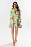 Buy_Aroop Shop India_Green Cotton, Silk Boat Neck Etsu Gardenia Bloom Print Dress _at_Aza_Fashions