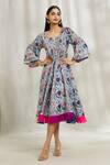 Buy_Divya Kanakia_Blue Organza, Crepe Embroidery, Zari Round Neck Floral Print Dress _at_Aza_Fashions