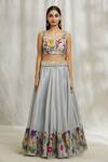 Divya Kanakia_Grey Lehenga And Blouse Silk Printed Floral Sweetheart Flower Placement Set _Online_at_Aza_Fashions