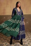 Shop_Cord_Emerald Green Cotton Printed And Embroidered Poem Color Block Dress _Online_at_Aza_Fashions