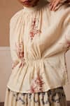 Cord_Beige Cotton Block Printed Floral High Neck Bella Peony Top _Online_at_Aza_Fashions