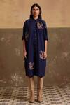 Buy_Cord_Blue Cotton Embroidery Bandeau Neck Thread Placement Kaftan Shirt Dress_Online_at_Aza_Fashions