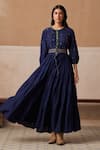 Buy_Cord_Blue Cotton Embroidery Thread Keyhole Luna Dress With Belt _at_Aza_Fashions