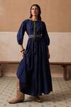 Cord_Blue Cotton Embroidery Thread Keyhole Luna Dress With Belt _Online_at_Aza_Fashions
