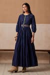 Buy_Cord_Blue Cotton Embroidery Thread Keyhole Luna Dress With Belt _Online_at_Aza_Fashions