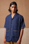 Cord_Blue Linen Smocking Detailing Textured Shirt _at_Aza_Fashions